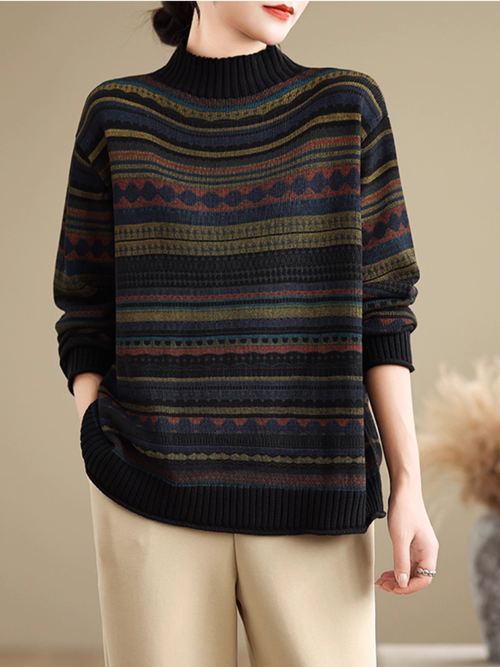 Artisanal Jacquard Mock-Neck Women's Knit Sweater, Relaxed Weekend Layer