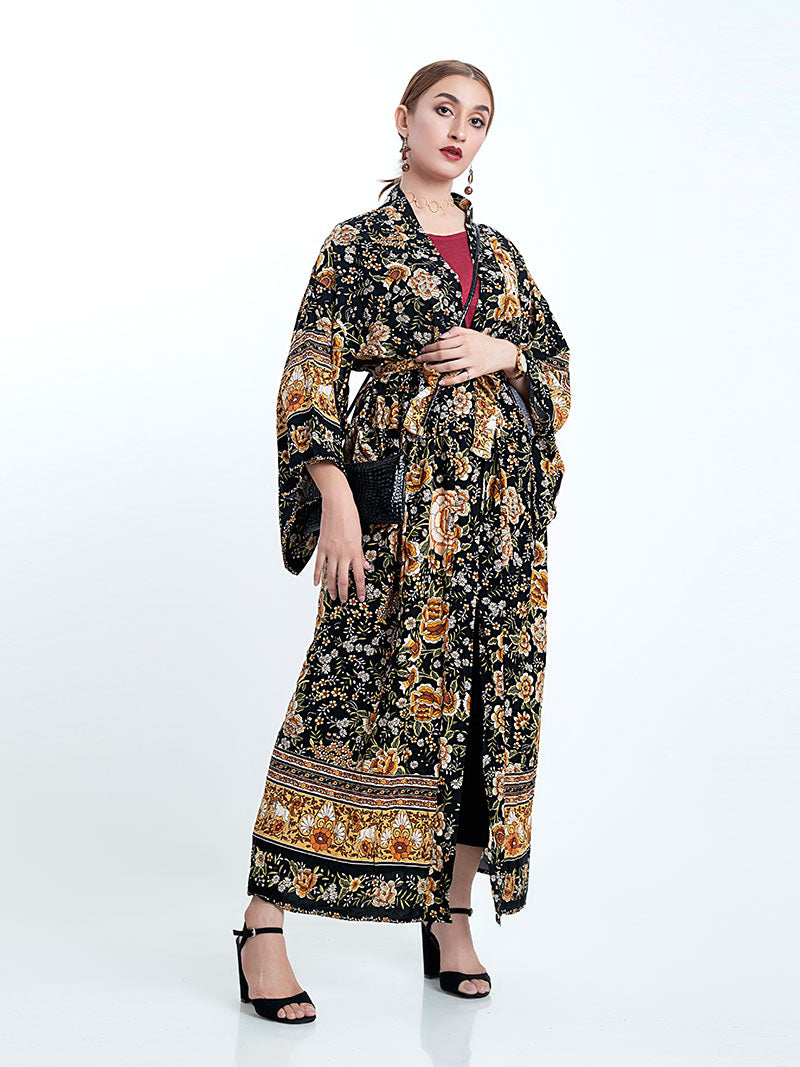 Partywear Floral Print Black Color Cotton Long Length Gown Kimono Duster Robe