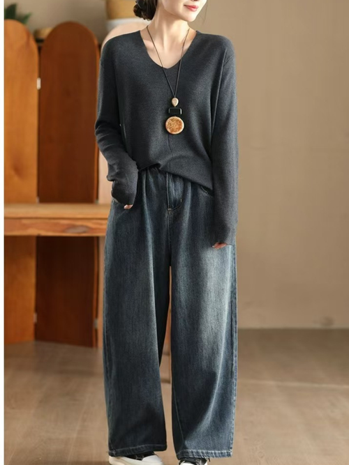 Relaxed Wide-Leg Denim Cotton Jeans with Elastic Waist, Effortless Chic