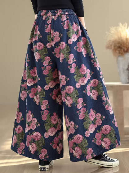 Floral Denim Cotton Wide-Leg Palazzo Pants with Elastic High Waist