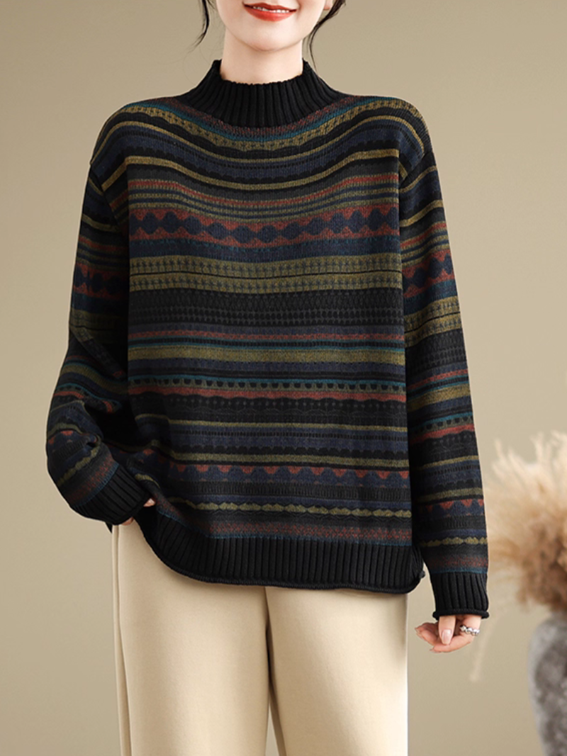 Artisanal Jacquard Mock-Neck Women's Knit Sweater, Relaxed Weekend Layer