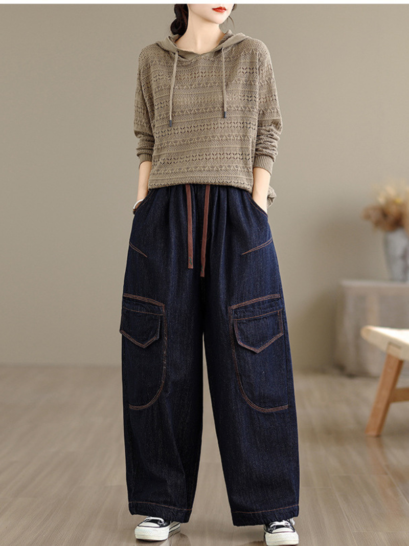 Artful Wide-Leg Denim Pants with Oversized Pockets and Drawstring Waist