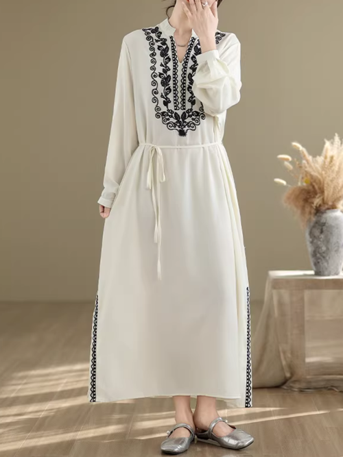 Embroidered Cotton-Linen Kaftan Maxi Dress with Mandarin Neckline