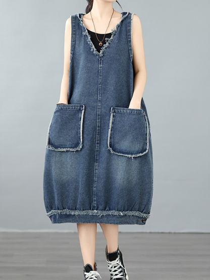 Frayed-Edge Denim Cotton Pinafore Dress with Oversized Pockets, Effortless Chic