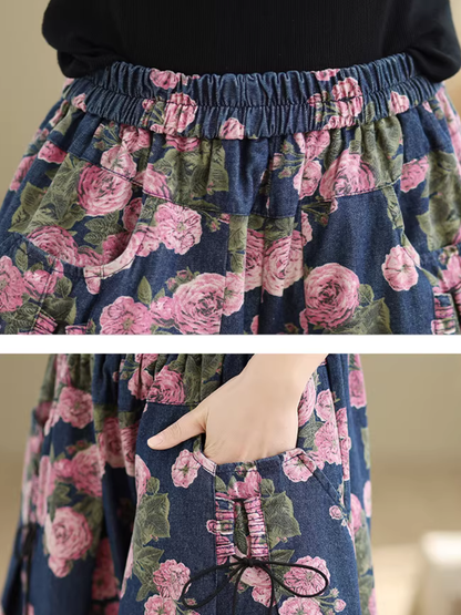 Floral Denim Cotton Wide-Leg Palazzo Pants with Elastic High Waist