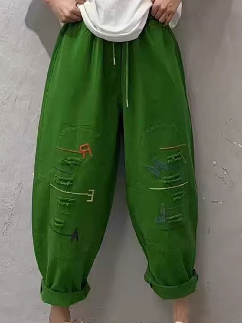 Chic Cotton Drawstring Tapered Pants with Artful Slashes for Women