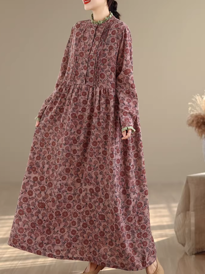 Artful Floral Cotton Boho Maxi Dress with Pintucks and Long Sleeves