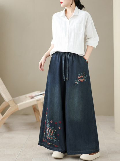 Embroidered Wide-Leg Denim Palazzo Pants in Soft Cotton, Relaxed Drawstring Waist