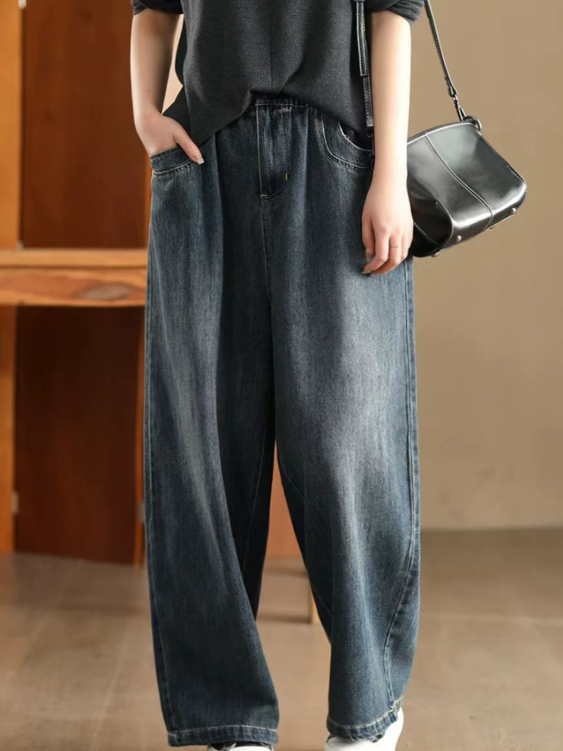 Relaxed Wide-Leg Denim Cotton Jeans with Elastic Waist, Effortless Chic