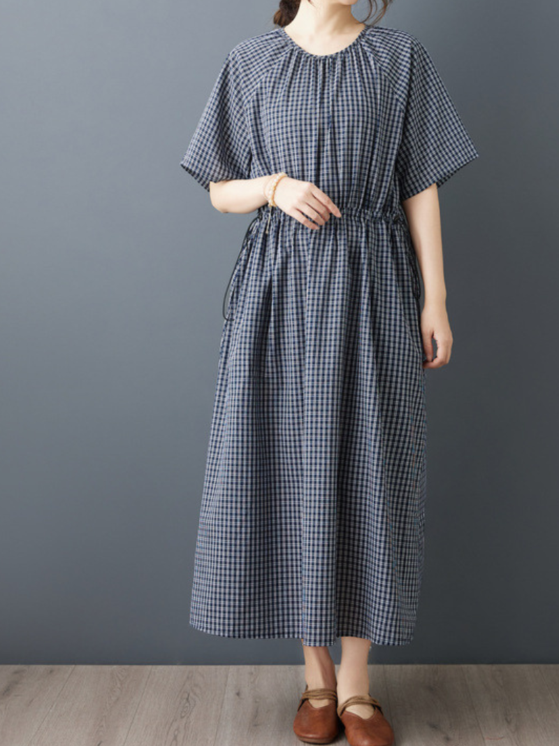 Gingham Midi Dress with Drawstring Waist in Cotton Blend Fabric