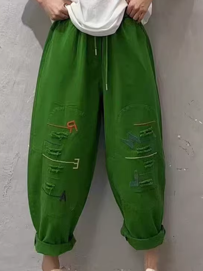 Chic Cotton Drawstring Tapered Pants with Artful Slashes for Women