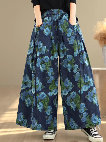 Floral Denim Cotton Wide-Leg Palazzo Pants with Elastic High Waist