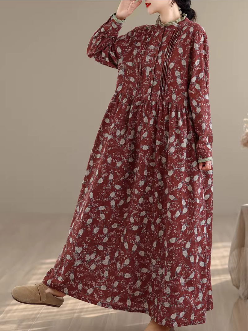 Artful Floral Cotton Boho Maxi Dress with Pintucks and Long Sleeves