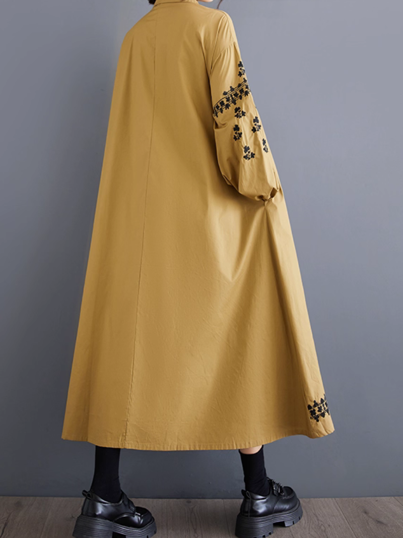 Embroidered Button-Front Shirt Dress with Lantern Sleeves, Chic and Elegant