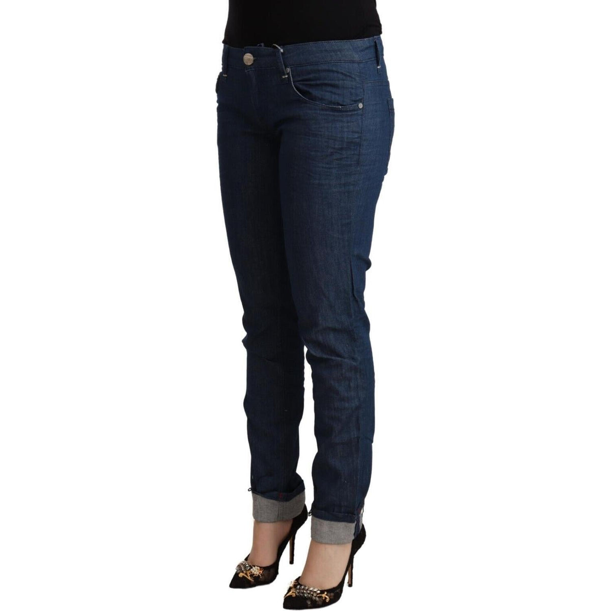 Acht Blue Cotton Low Waist Skinny Denim Folded Hem Jeans