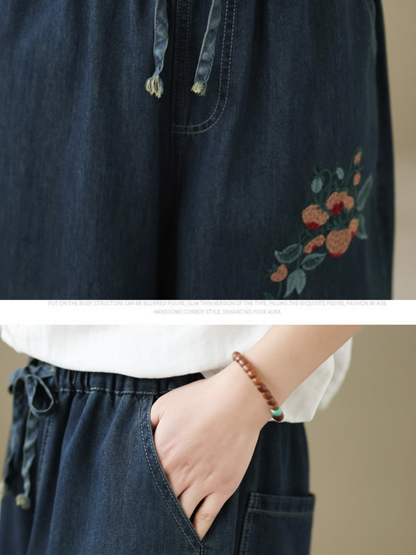 Embroidered Wide-Leg Denim Palazzo Pants in Soft Cotton, Relaxed Drawstring Waist