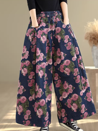 Floral Denim Cotton Wide-Leg Palazzo Pants with Elastic High Waist