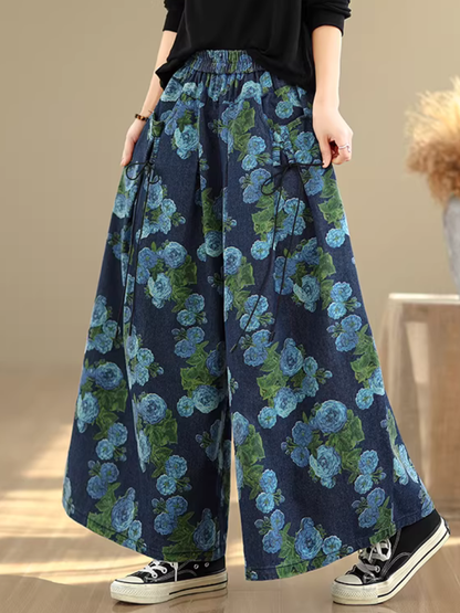 Floral Denim Cotton Wide-Leg Palazzo Pants with Elastic High Waist