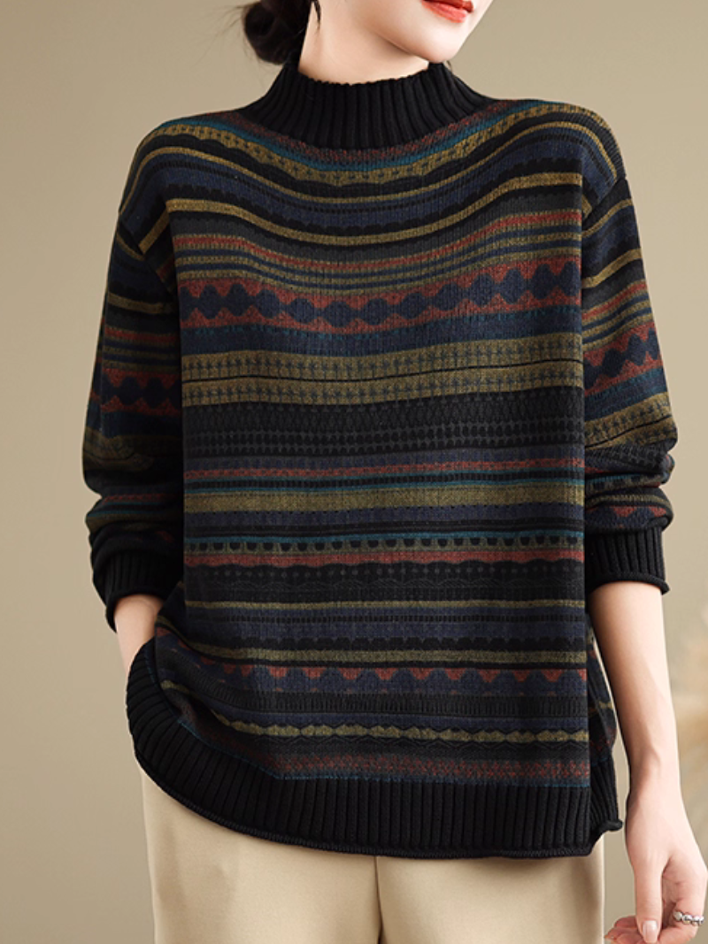 Artisanal Jacquard Mock-Neck Women's Knit Sweater, Relaxed Weekend Layer