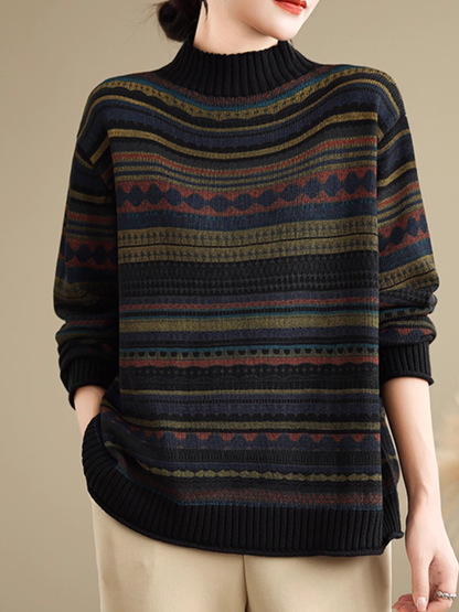 Artisanal Jacquard Mock-Neck Women's Knit Sweater, Relaxed Weekend Layer