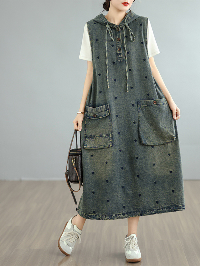 Hooded A-Line Denim Dress with Pockets and Playful Heart Motifs