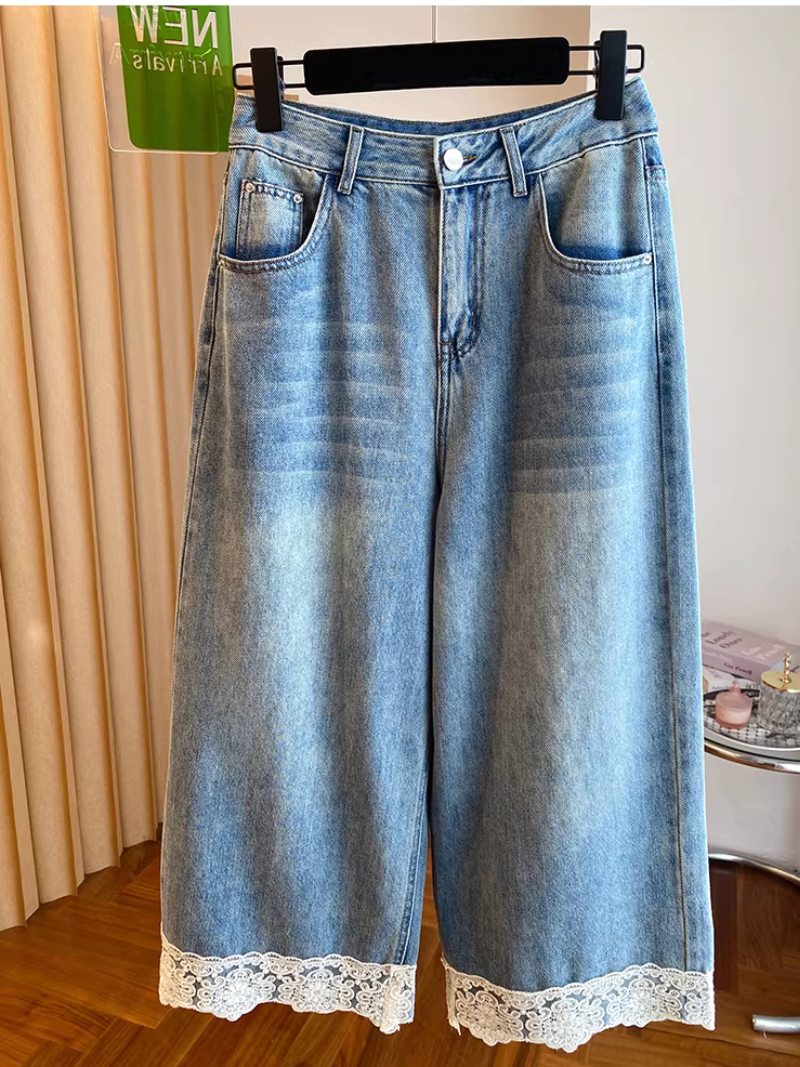 High-Rise Lace-Trim Denim Culottes, Relaxed Wide-Leg Jeans in Soft Cotton
