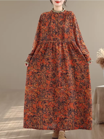 Artful Floral Cotton Boho Maxi Dress with Pintucks and Long Sleeves