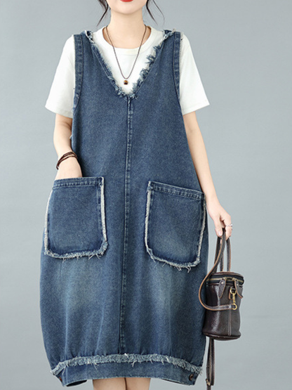 Frayed-Edge Denim Cotton Pinafore Dress with Oversized Pockets, Effortless Chic