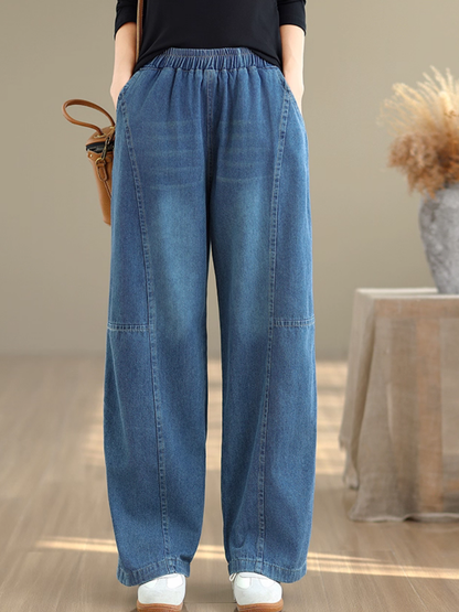 Relaxed Wide-Leg Denim Cotton Pants with Elastic Waist Ease