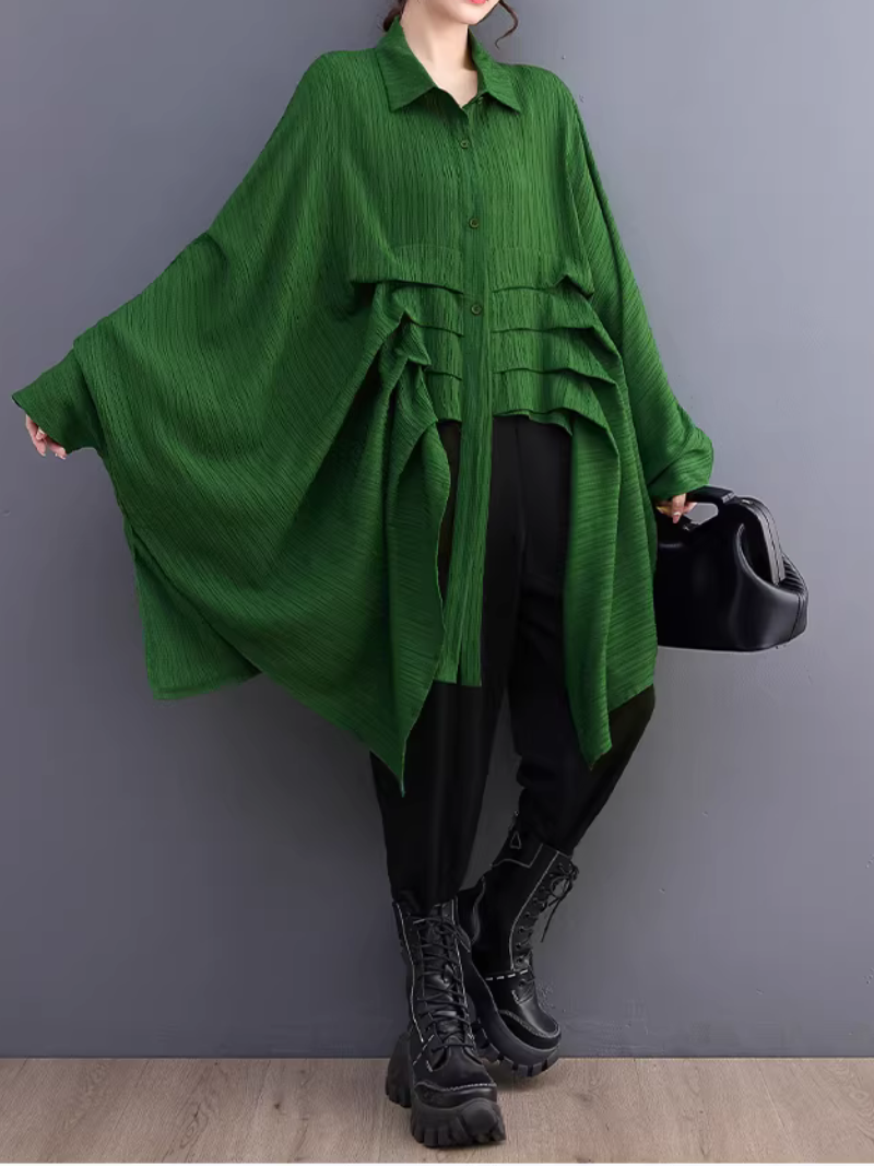 Asymmetric Pleated Oversized Shirt Tunic in Polyester, Sculptural Statement Blouse