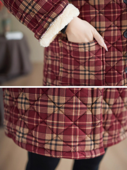 Quilted Plaid Stand-Collar Coat in Cotton&Flax with Patch Pockets Warm