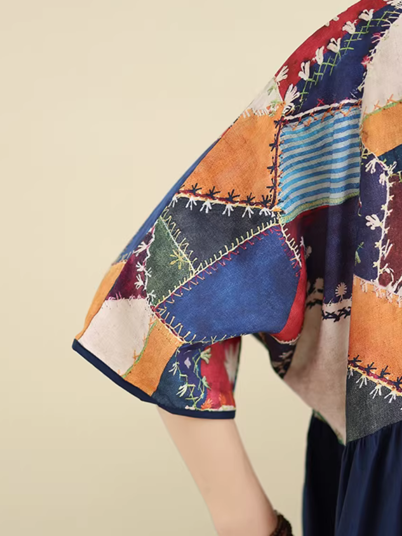 Patchwork V-Neck Boho Maxi Dress in Soft Viscose Blend Elegance