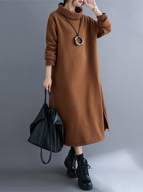 Women's Loose High-Neck Side Pockets A-Line  Dress