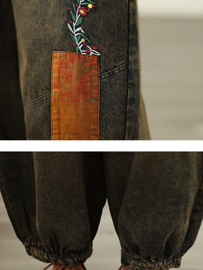 Artisanal Denim Overalls in Cotton with Embroidered Patchwork, Relaxed Jumpsuit