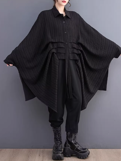 Asymmetric Pleated Oversized Shirt Tunic in Polyester, Sculptural Statement Blouse