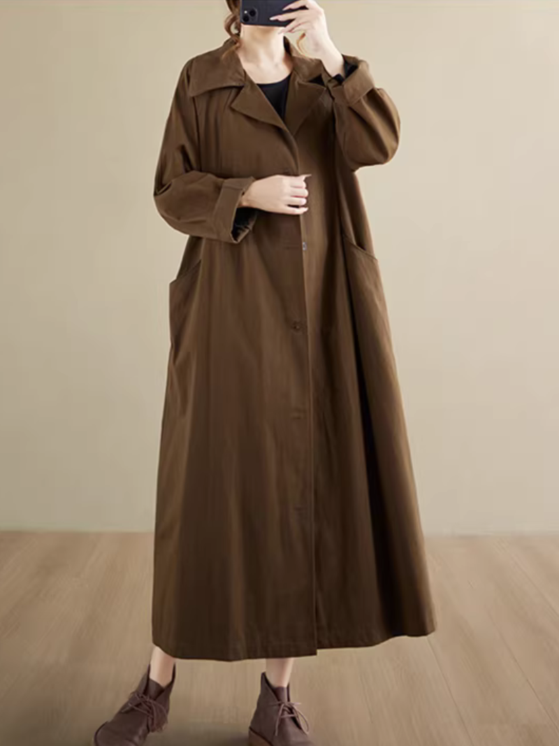 Chic Oversized Polyester Trench Coat with Notched Collar, Minimalist Women's Outerwear