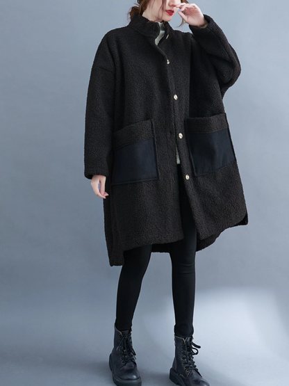 Oversized Lambskin Shearling Coat with Stand Collar and Contrast Patch Pockets