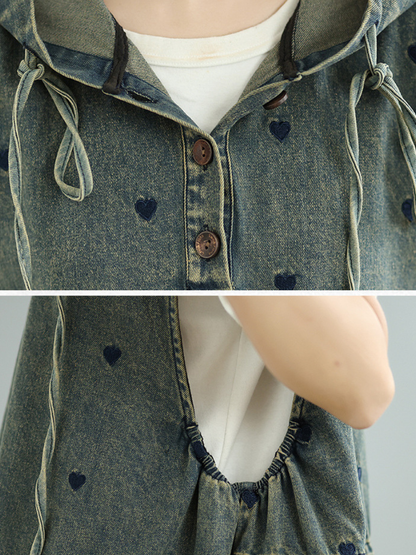 Hooded A-Line Denim Dress with Pockets and Playful Heart Motifs