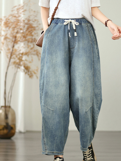 Barrel-Leg Pull-On Denim Cotton Pants for Women, Relaxed Tapered Jeans