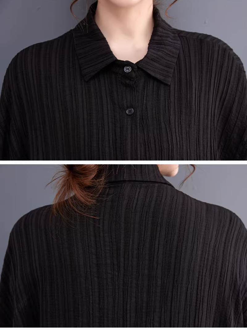 Asymmetric Pleated Oversized Shirt Tunic in Polyester, Sculptural Statement Blouse