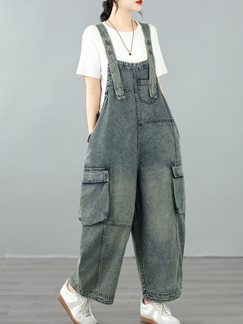 Relaxed Utility Denim Overalls with Cargo Pockets and Adjustable Straps for Women