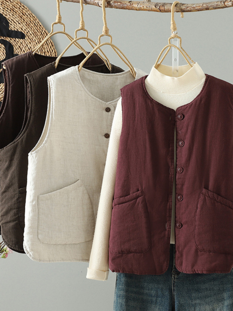Chic Cotton&Flax Buttoned Women's Vest with Pockets, Minimal Layering Essential