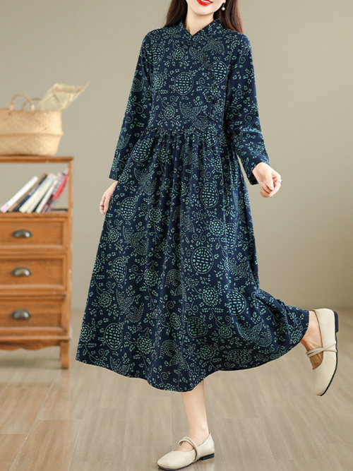Artisanal Print Cotton Maxi Dress with Mandarin Collar and Long Sleeves