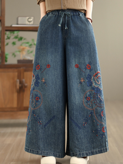 Artisanal Embroidered Wide-Leg Denim Cotton Pants with Drawstring Waist and Pockets