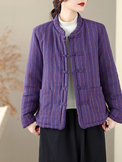 Heritage-inspired striped cotton jacket with mandarin collar, elegant women's outerwear