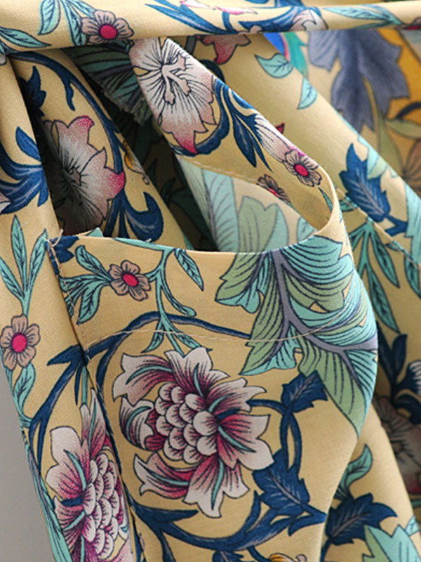 Women's Long Kimono Floral Print Green Color Cotton Viscose Long Length Gown Kimono Duster Robe