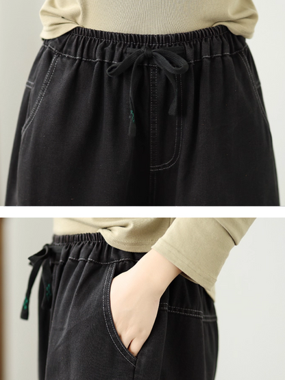 Playful Graphic Relaxed Women's Denim Pants with Elastic Waist and Pockets