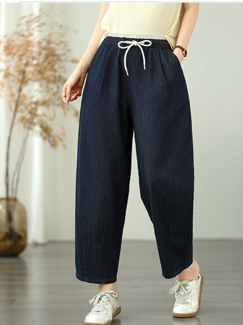 Chic Relaxed Wide-Leg Denim Cotton Pants with Drawstring Waistband for Women