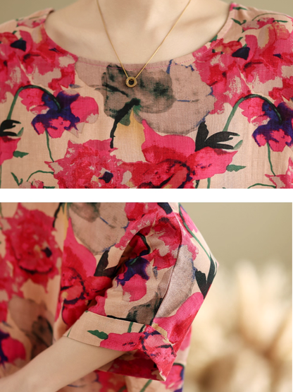 Artful Floral Tunic Blouse in Cotton&Flax with Batwing Draping