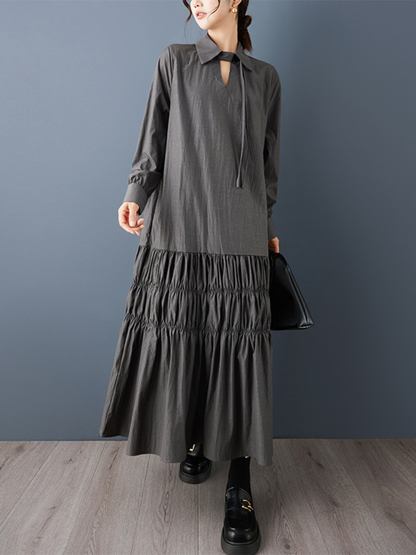 Chic Collared Tiered Maxi Dress with Tie Neck and Ruched Hem